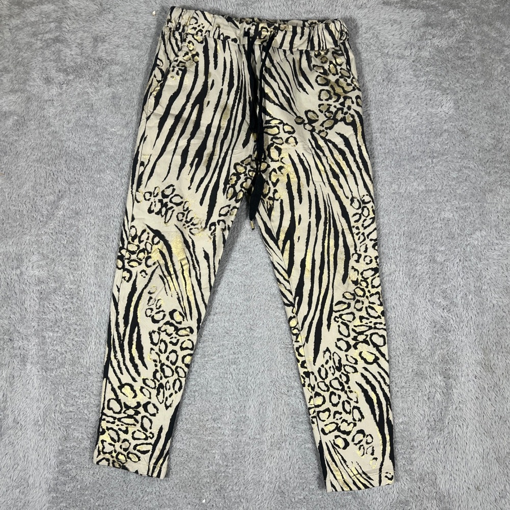 Brand Bazar Animal Print Joggers Womens M Tan Gold Metallic Zebra Leopard Italy